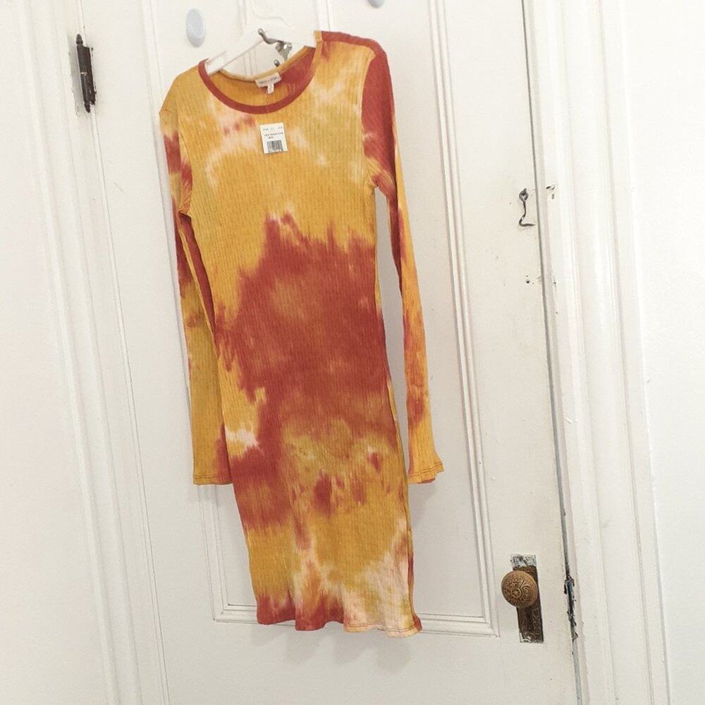 Orange /Rust Tie Dye Ribbed Bodycon Long Sleeve Dress